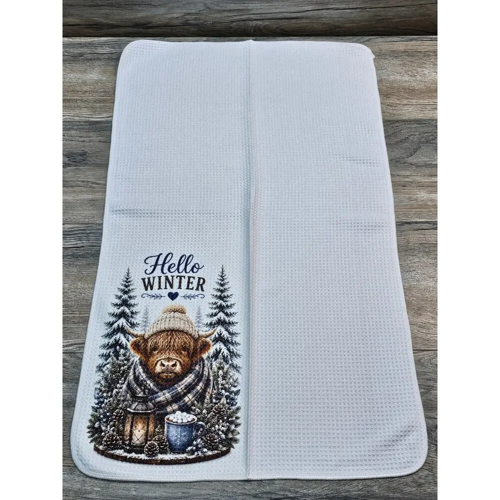 Hello Winter Highland Cow Kitchen Towel Snowy Farmhouse Winter Decor